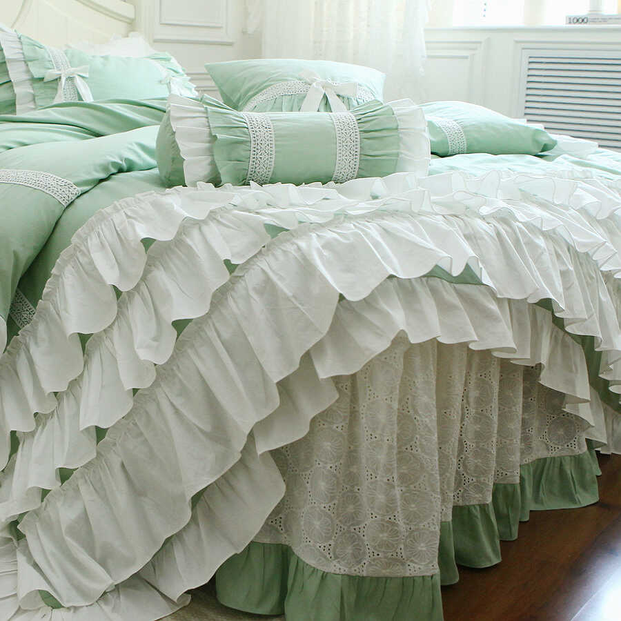 

Мереживний постільний комплект Французький Корейський Стиль Принцеси 100% Бавовна Постільна Білизна Набір з 4 Предметів з Подушкою Наволочкою Підковдрою Full