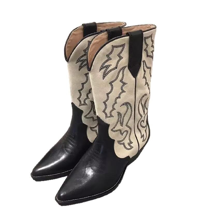 [Fanfna] damskie kowbojki z ostrym noskiem 2025 nowe brytyjskie gruby obcas haftowane V-kształtny dekolt średnia cholewka buty rycerskie