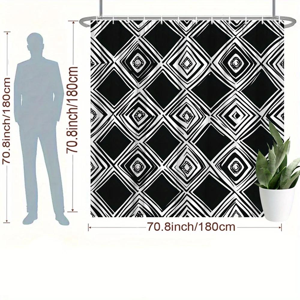 1pc Black & White Geometric Shower Curtain - Stylish Polyester Bathroom Decor with Overlapping Squares, Rectangles & Circles Des