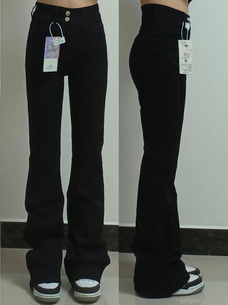 Women's Black High Waist Micro-Flare Jeans - 2025 Spring/Autumn Slimming Horseshoe Stacked Floor-Length Pants