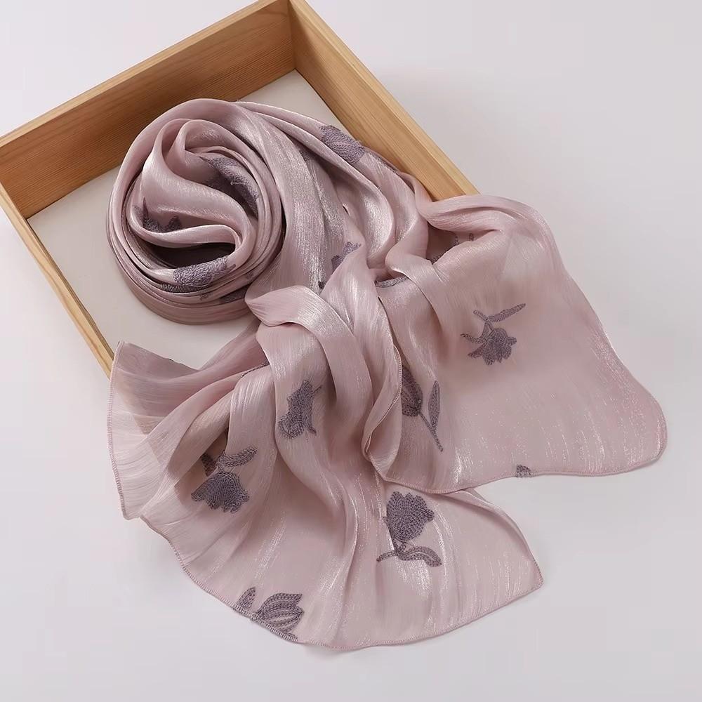 Glitter Floral Embroidery Hijab 70*175CM Crinkle Plain Scarves Fashion Islamic Head Wrap  For Women