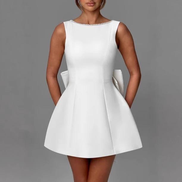 Women's Summer Pearl Bow A-Line Fashion Slim Dress