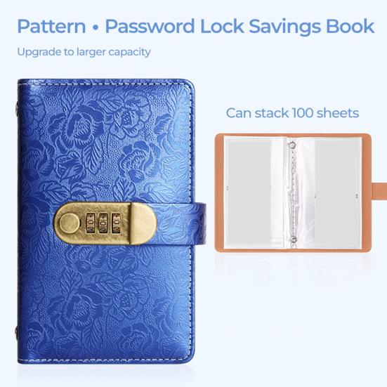 Financial Planning Notebook A6 Password Lock Cash Budget Organizer, PU Leather And Relief Cover, Security Binder 100 Pocket Savings Challenge Booklet