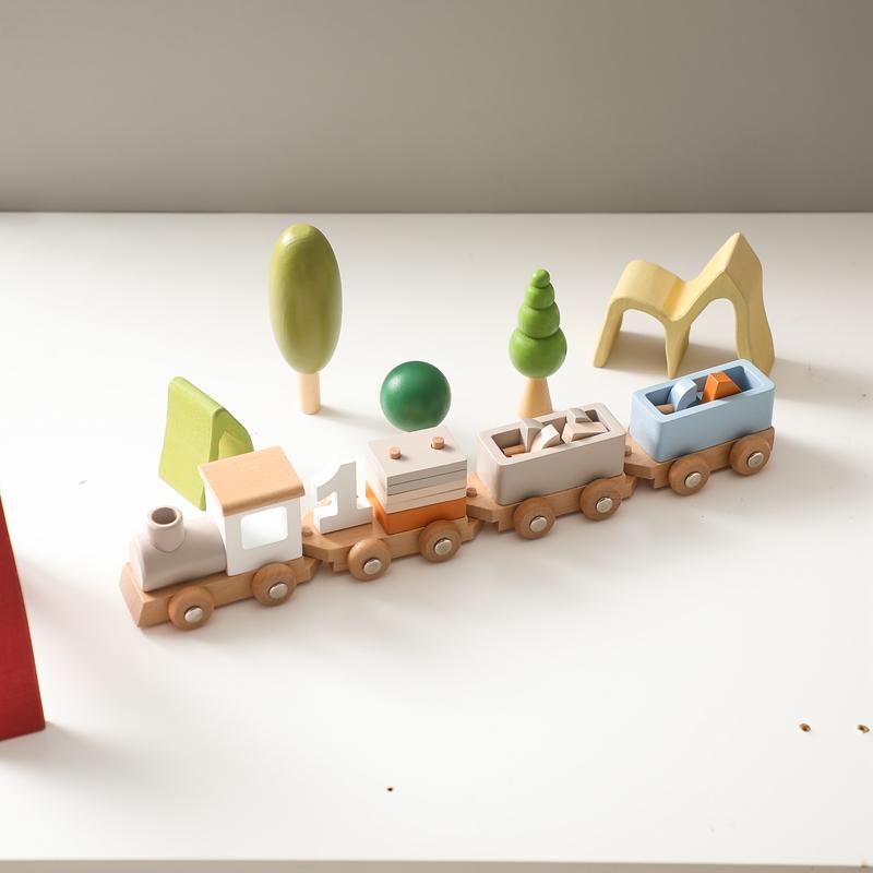 Baby Wooden Montessori Toys Birthday Train Educational Toys Wooden Trolley Baby Learning Toys Number of Wood Baby's Birth Gift