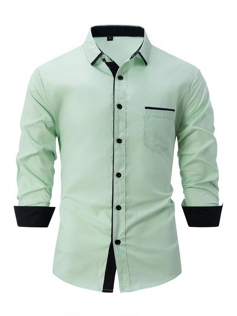 Men's Color Block Slim Fit Cotton Shirt - Long Sleeve, High-End Business Fashion