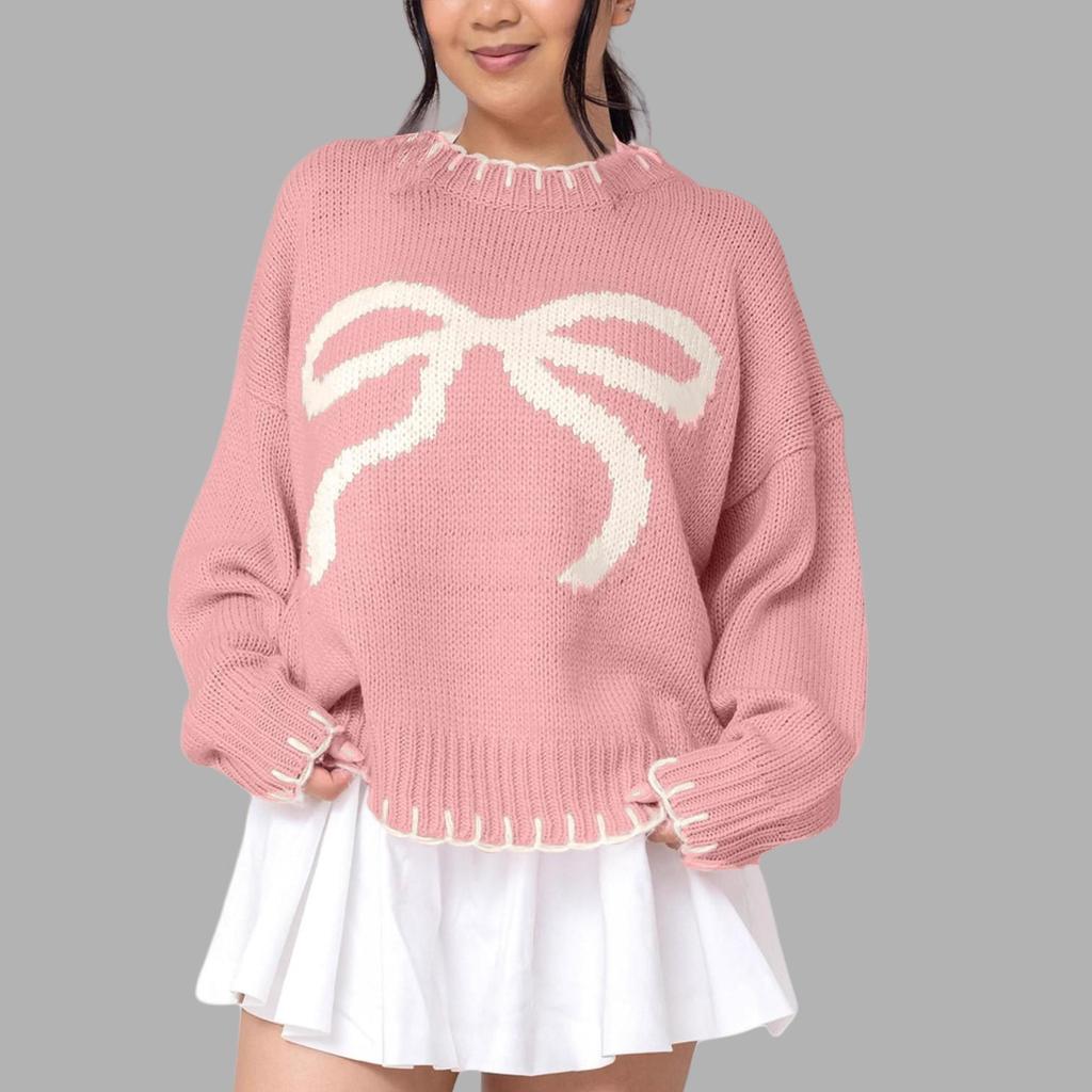 Women's bow-tied jacquard sweater autumn and winter lazy wind loose warm and comfortable jumper knitted sweater