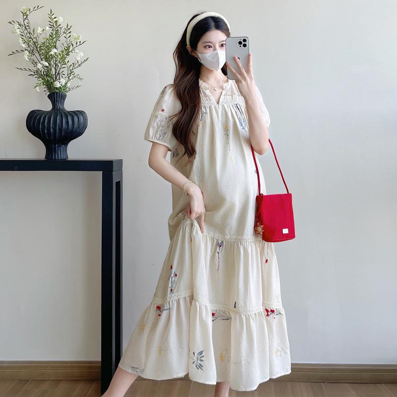 2026 Summer Maternity Dress: Korean-French Style, Retro Embroidery, Loose & Slimming Fit 2XL