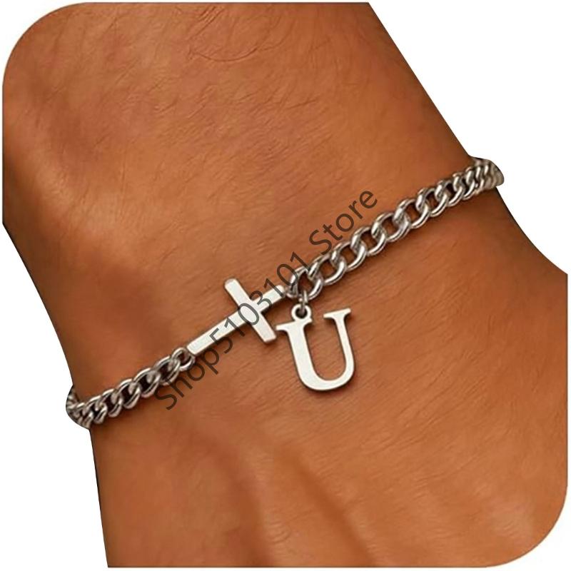 26 Letters Charm Bracelet Stainless Steel A-Z Handchain Adjustable Length for Women Girl Men Gift