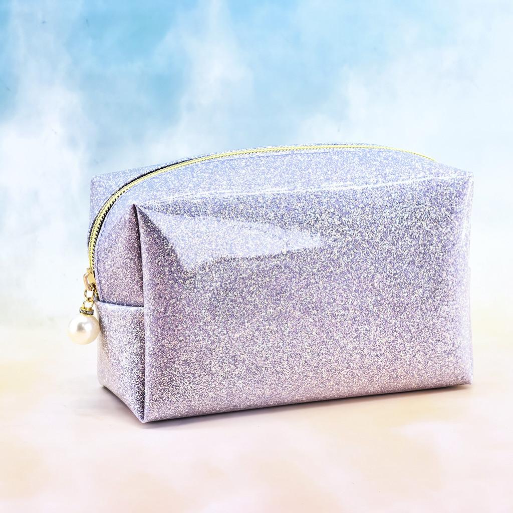 Pvc Glitter Makeup Bag With Character Print For Girls Travel And Storage