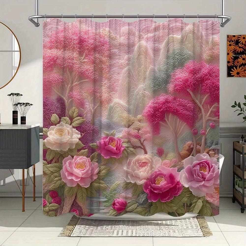 1pc Pastel Peony Bath Curtain - Serene Landscape with Pink & White Peonies, Cloud-Like Foliage & Blossoming Trees