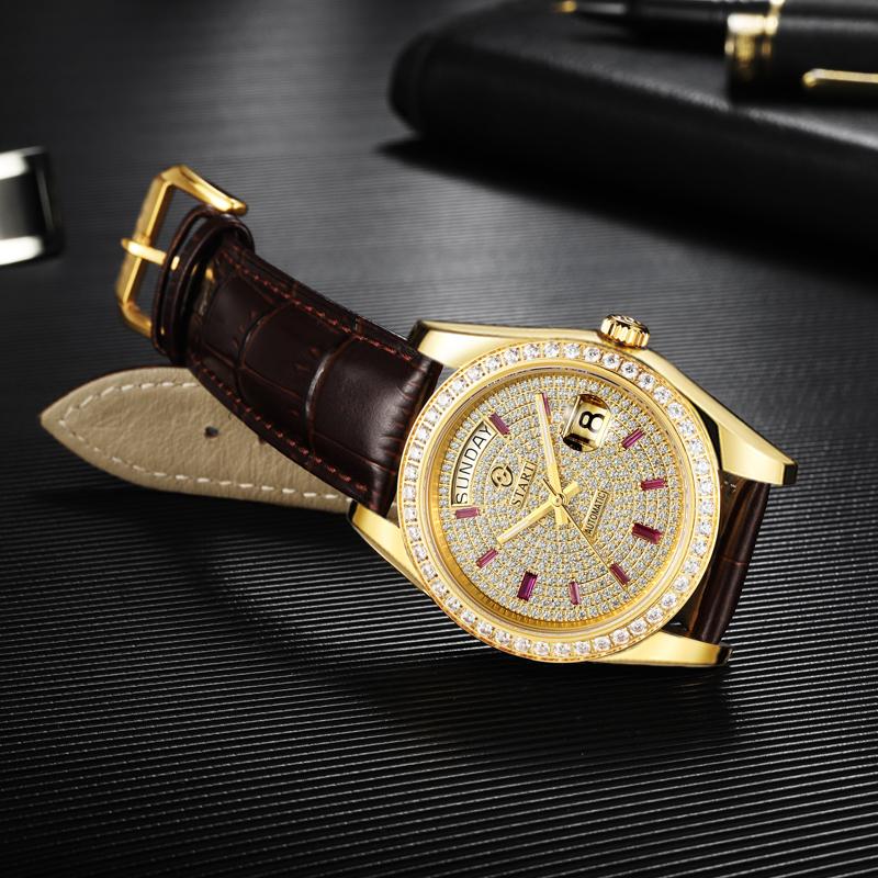 Start Gypsophila-Uhr, modische Herrenuhr, Diamant-Zifferblatt, automatische mechanische Uhr, Lederuhr, wasserdicht, Datums- und Wochenfunktion