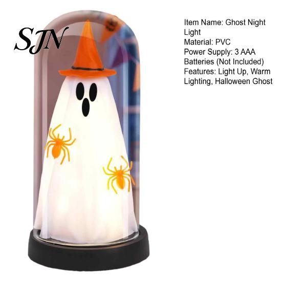 Atmosphere Lamp for Home Indoor Light Up Ghost In Dome Cloche, Halloween Cute Witch Decorative Glowing Figurine Table with LED Kitchen Mantel Tabletop