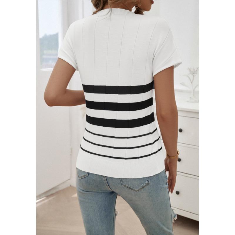 Top with spring temperament slim striped short-sleeved sweater