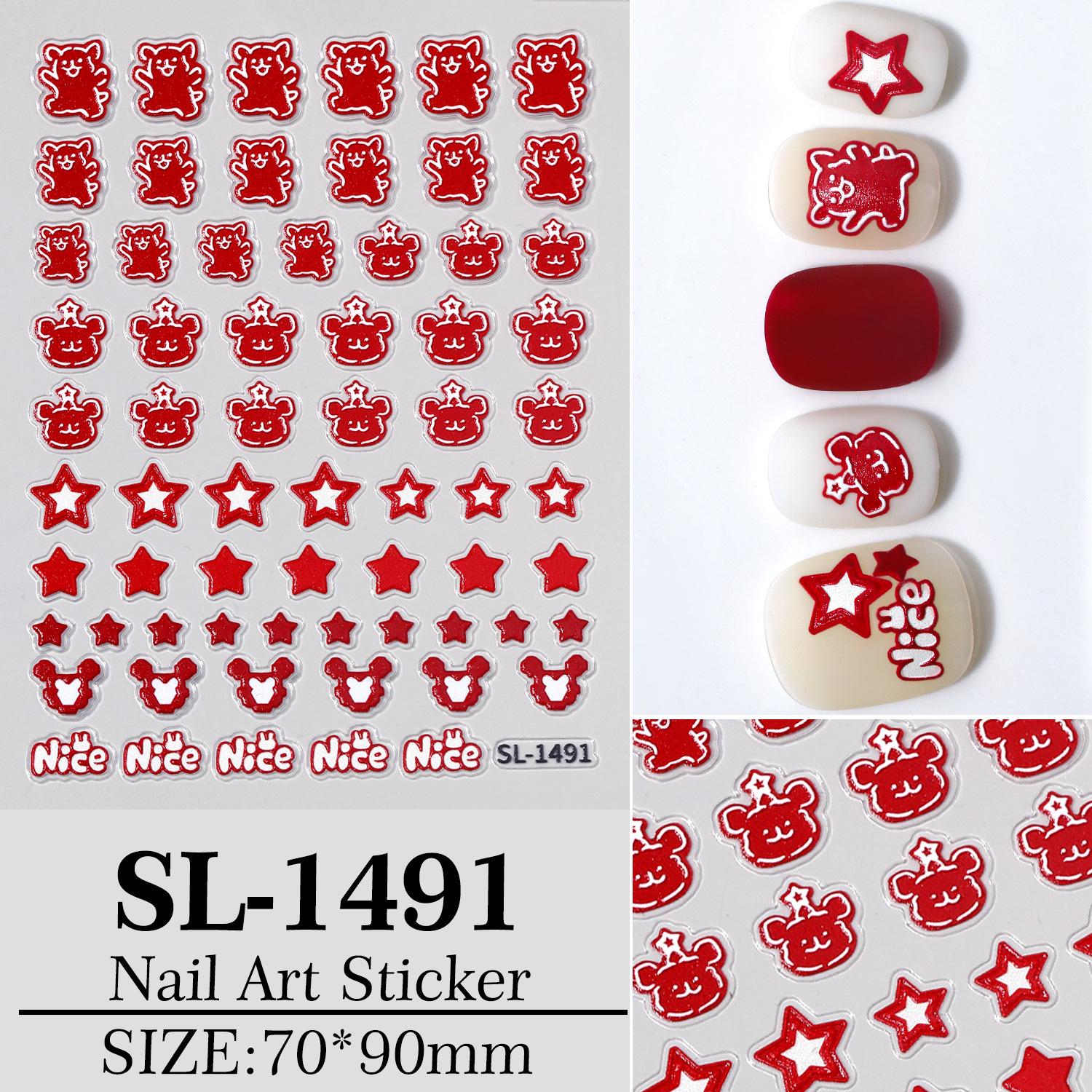 3D Red Bow & Heart Nail Stickers with 5D Embossed Bear & Star DIY Design