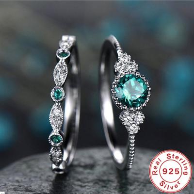 925 Sterling Copper Ring Set with Emerald Zircon Crystals for Women Engagement Wedding Glamour Zircon Gifts