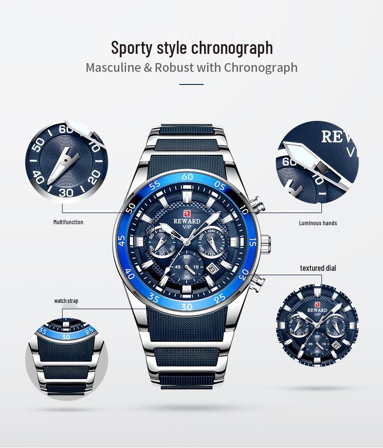 Reward Multifunktionale Leuchtende Wasserdichte Herren Sportuhr mit Kalender und Massivstahlband (Modell RD81011M)