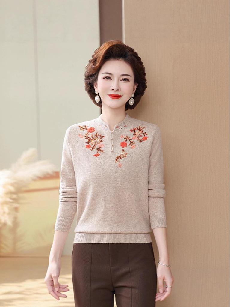 Mamas reiner Woll-Strickpullover mit Stickerei - Übergröße, lockere Passform für Frauen mittleren und höheren Alters (Herbst Winter)