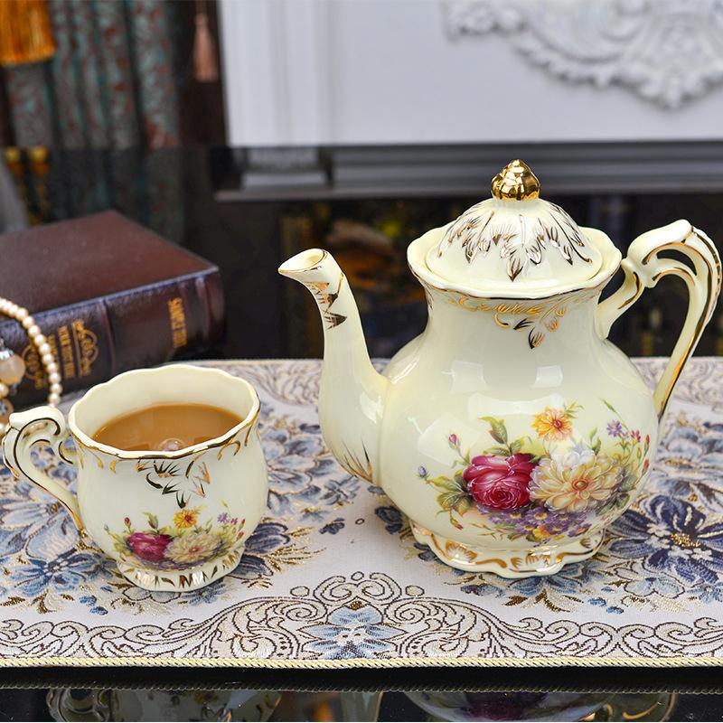 New Lvory Porcelain Coffee Pot Rose Pattern Gold Rim Tea Set Afternoon Tea Large-Capacity Household Cold Kettle Wedding Gift
