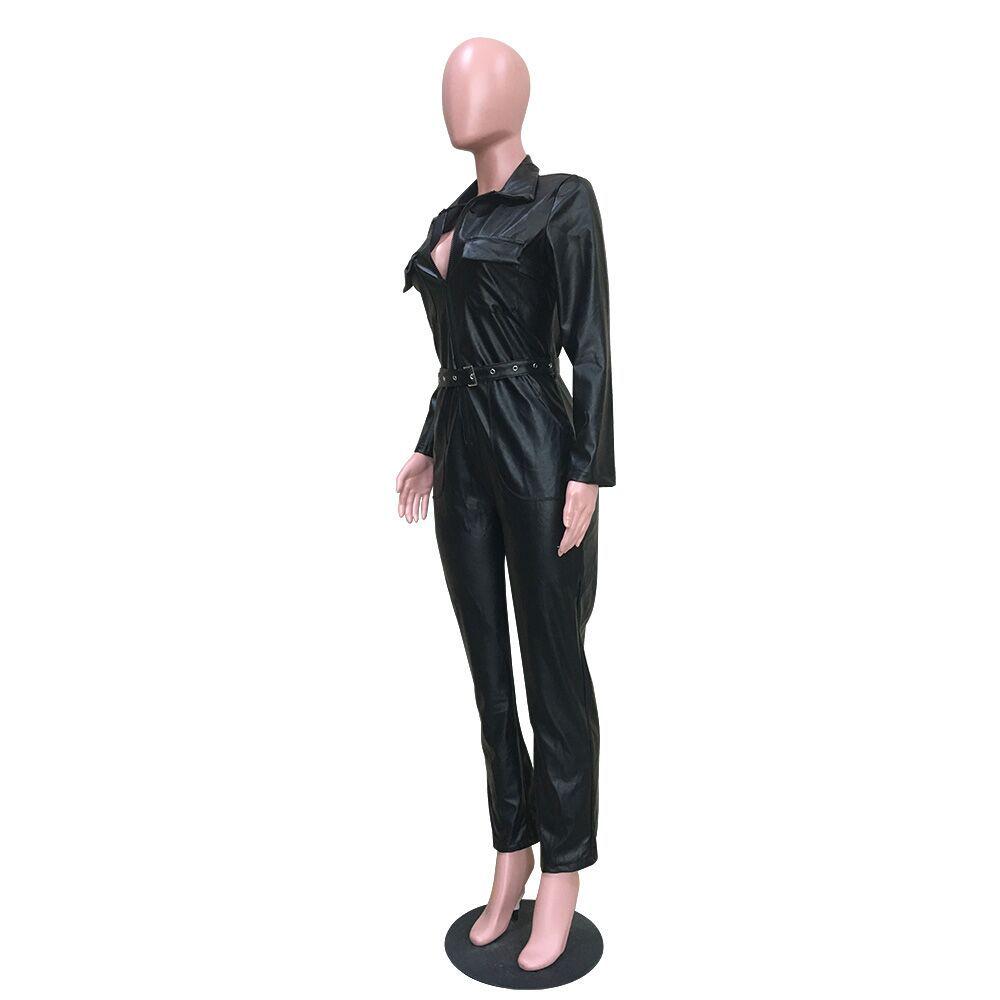 Mono de Mujer Y5072 de Cuero PU con Solapa y Bolsillos - Nuevo Estilo Europeo y Americano de Moda