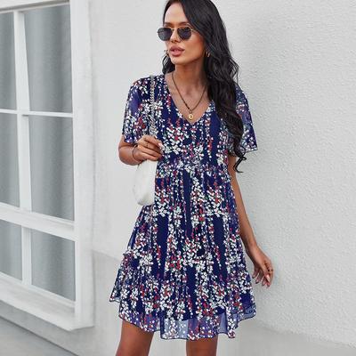 Sexy V-hals Bloemen voor Vrouwen Korte Mouw Hoge Taille Casual Print Jurken Dames Zomer Chiffon Jurk