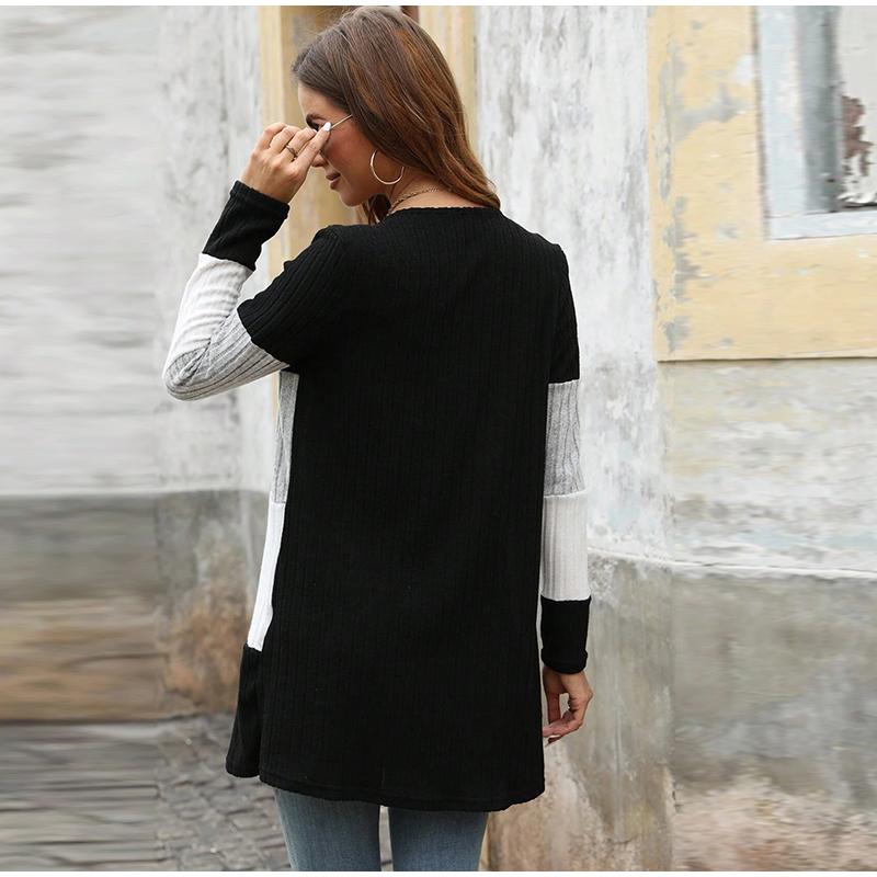 Color Blocked Women's Knitted Sweater for Autumn and Winter Mid To Long Casual Thick Cardigan