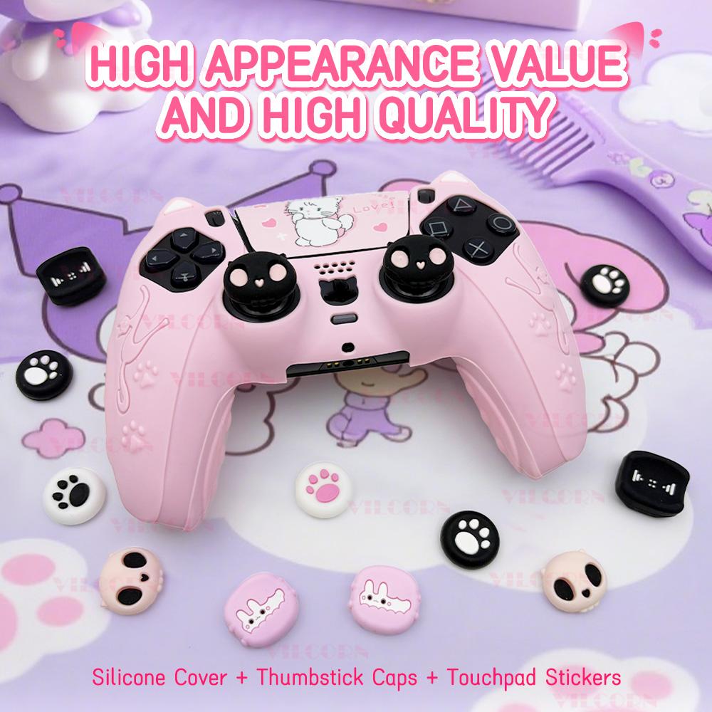 Silikonhülle Set für PS5 Controller Rutschfest Staubdicht Schutzhülle Abdeckung mit Daumengriffkappen Controller Skin Katzenpfote Aufkleber