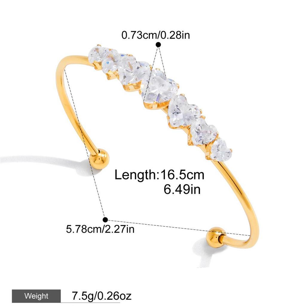 Yori Delicate Heart Shaped White Cubic Zirconia Open Bracelet Bangle Stainless Steel Rust Proof Office Ladies Chic Jewelry Gift