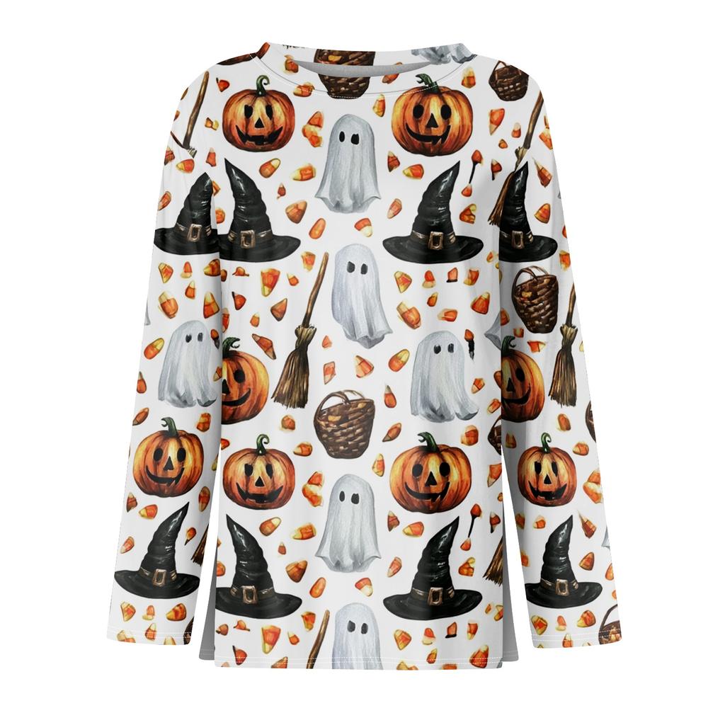 Women's Halloween Print Long Sleeve Pullover Top Round Neck Split Hem Casual Loose Fit Lightweight Sweatshirt