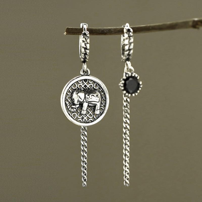 

Винтажные асимметричные круглые серьги-кольца в виде слона из тайского серебра с кисточками и цепочкой, украшения для ушей для женщин S-E1168