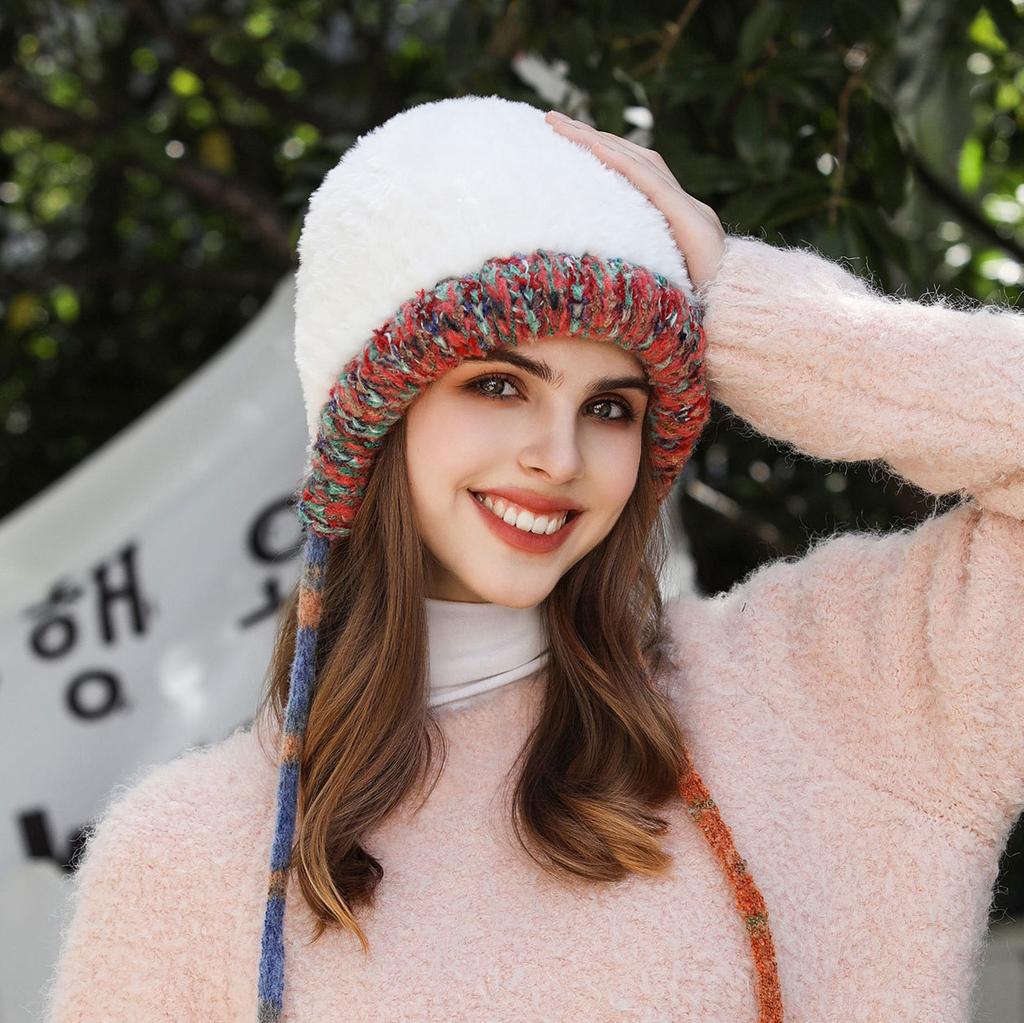 Thickened Plush Hat Autumn and Winter Cute Women's Knitted Hat Cold-proof and Warm Ear Protection Wool Hat Versatile and Small Face