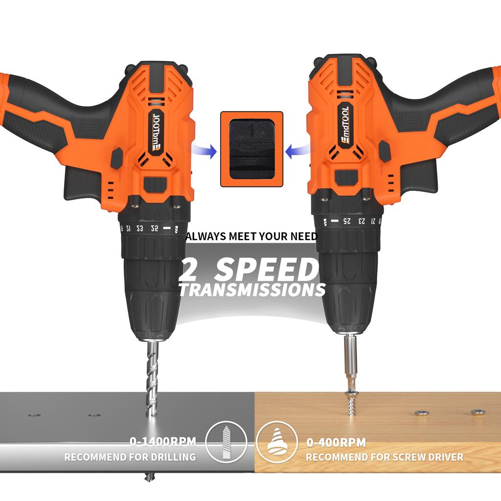 EMDTOOL Cordless Drill Driver 21V Battery Drill Set Electric Screwdriver Set, 25+1 Torque Setting, 2 Speed, LED Light for Home