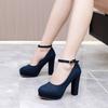 Fashion High Heels Shoes Women's Pumps Elegant Ankle Strap Black Blue Flock Heeled Party Office Wedding Shoes Large Size