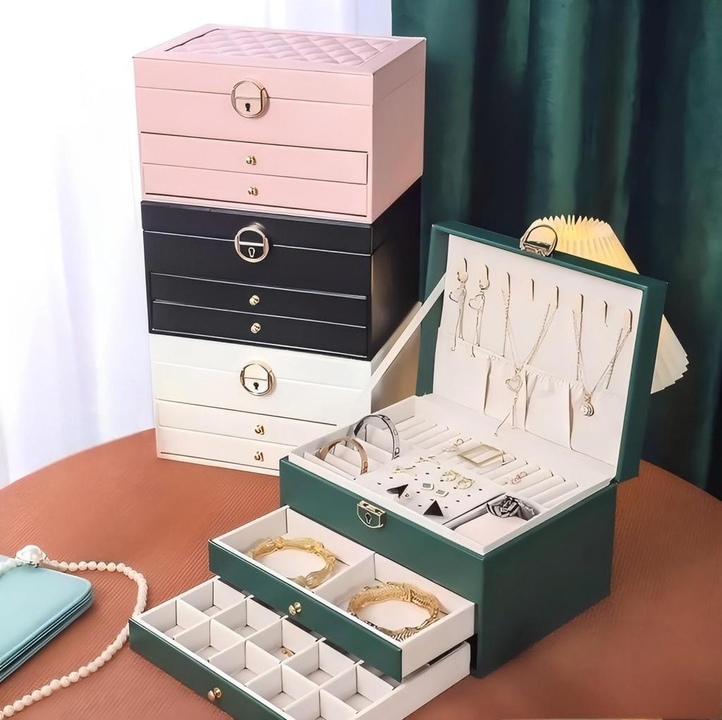 Three-Layer High-End Jewelry Storage Box with Drawers and Partitions