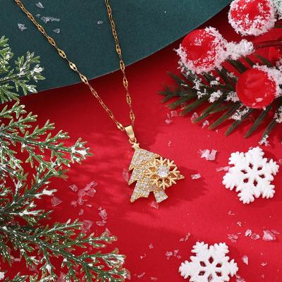 Rotatable Snowflake Christmas Tree Pendant Necklace - Luxury Micro-Paved Full Diamond Design, Celebrity Style Clavicle Chain Jewelry