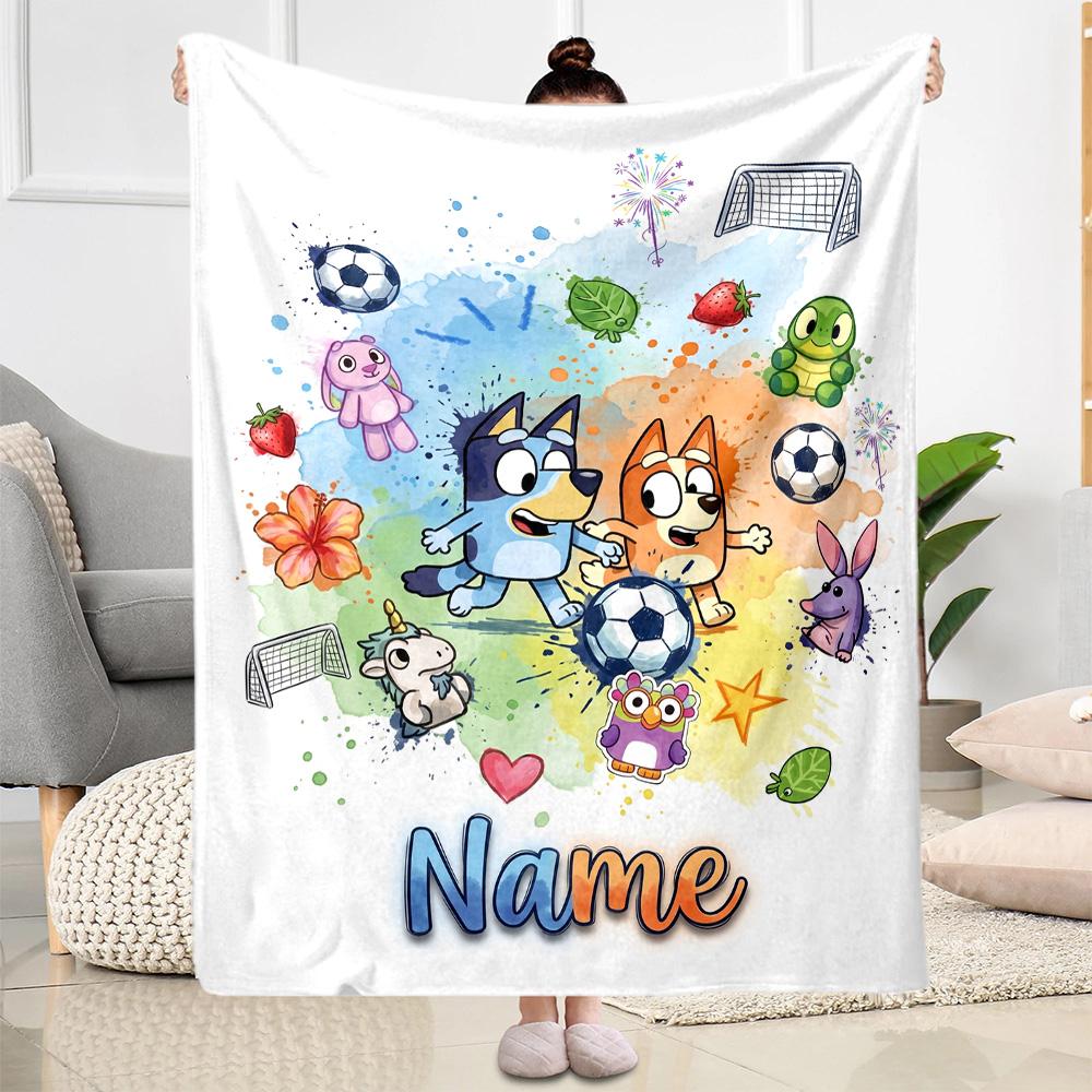 Bluey's Soccer Adventure Personalized Name Blanket Gift Customizable Blanket Durable Comfort Perfect for Nap Bedding Office Office Chair