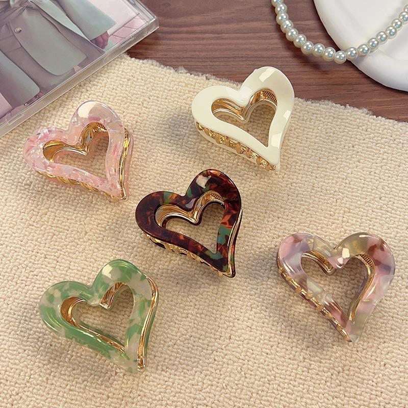 1pc Cute Heart Shaped Hair Claw Clips Colorful Acrylic with Gold Accents Multiple Pretty Hues Perfect for Sweet Y2K Hairstyles