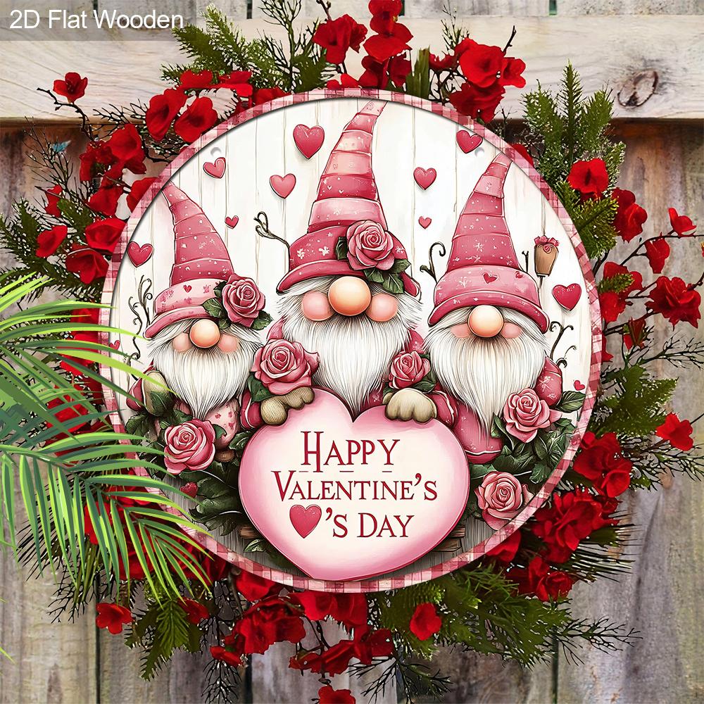 Pink Valentine's Day Wooden Sign with Adorable Gnomes Pattern - Romantic Round Sign for Front Door Wall Hanging Decor - Ideal Gift for Valentine