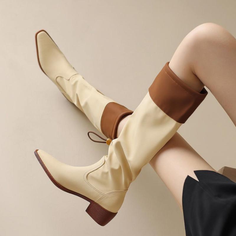 Fashion Square Toe Leather Color Blocking Middle Heel Knee High Shaft Shoes Woman Autumn Winter Chic and Elegant Pu Long Boots for Women