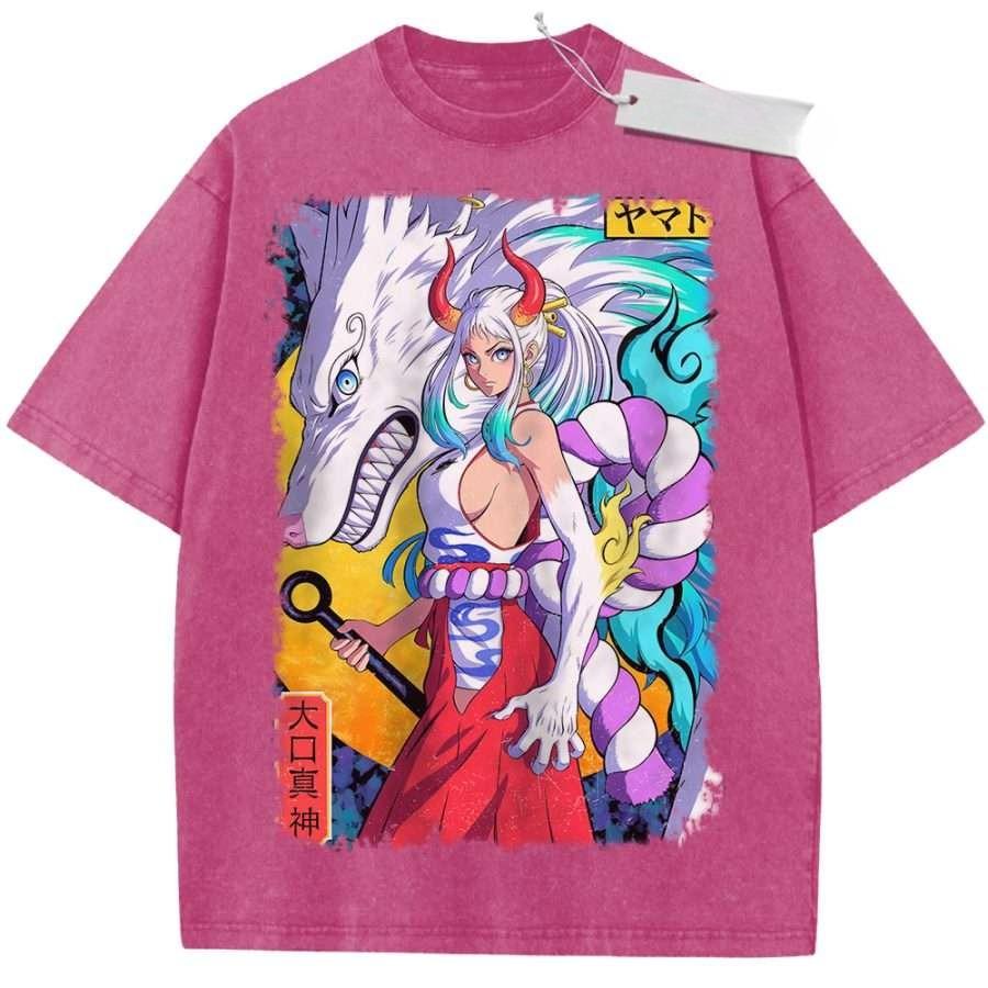 Vintage Washed Pink TShirt One Piece Anime Yamato White Wolf Print Oversize Streetwear Top Casual Daily Wear