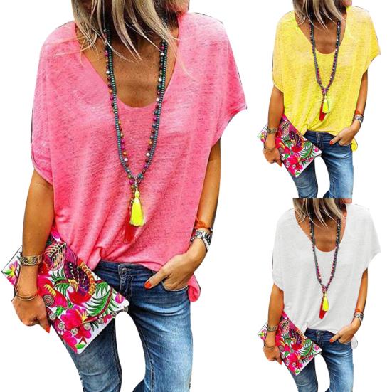 Plus Size Candy Color V Neck Short Sleeve T-Shirt Summer Tee Women Loose Top