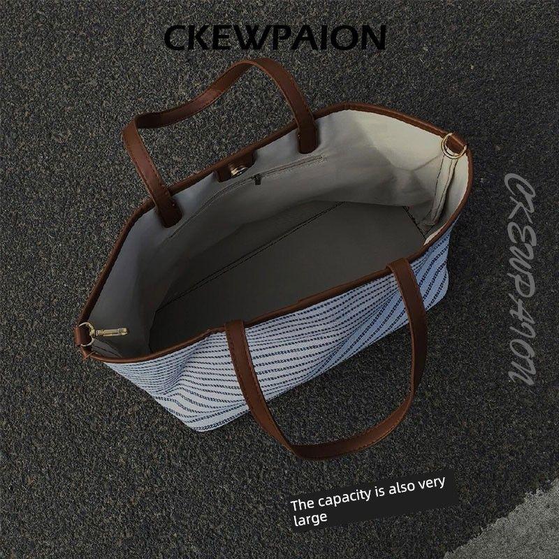 

Ckewpaion Aiqin Bay Tote Bag Women s Summer Niche Style Striped Minimalist Fashion Satchel Shoulder Bag White