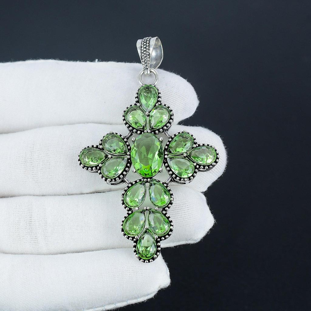 Beautiful Green Amethyst Gemstone Silver Cross Pendant In 925 Sterling Silver - Handmade Pear Design, Everyday Wear Jewelry Wadding Gift