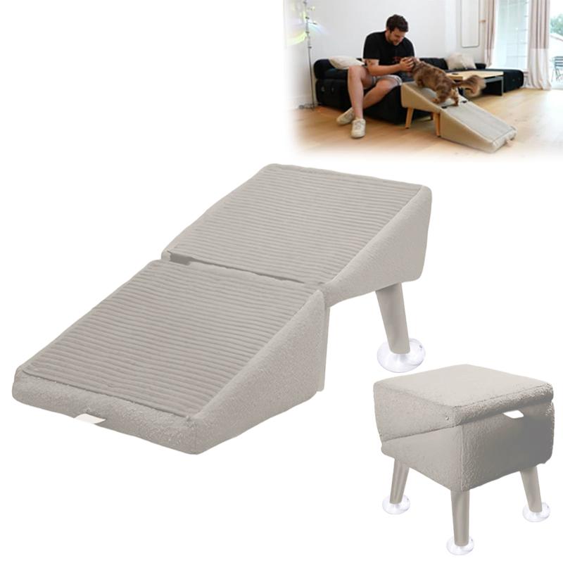 2-In-1 Convertible Wooden Home Step Stool Dog Ramp Stairs With Anti-Slip Panels And Suction Cups