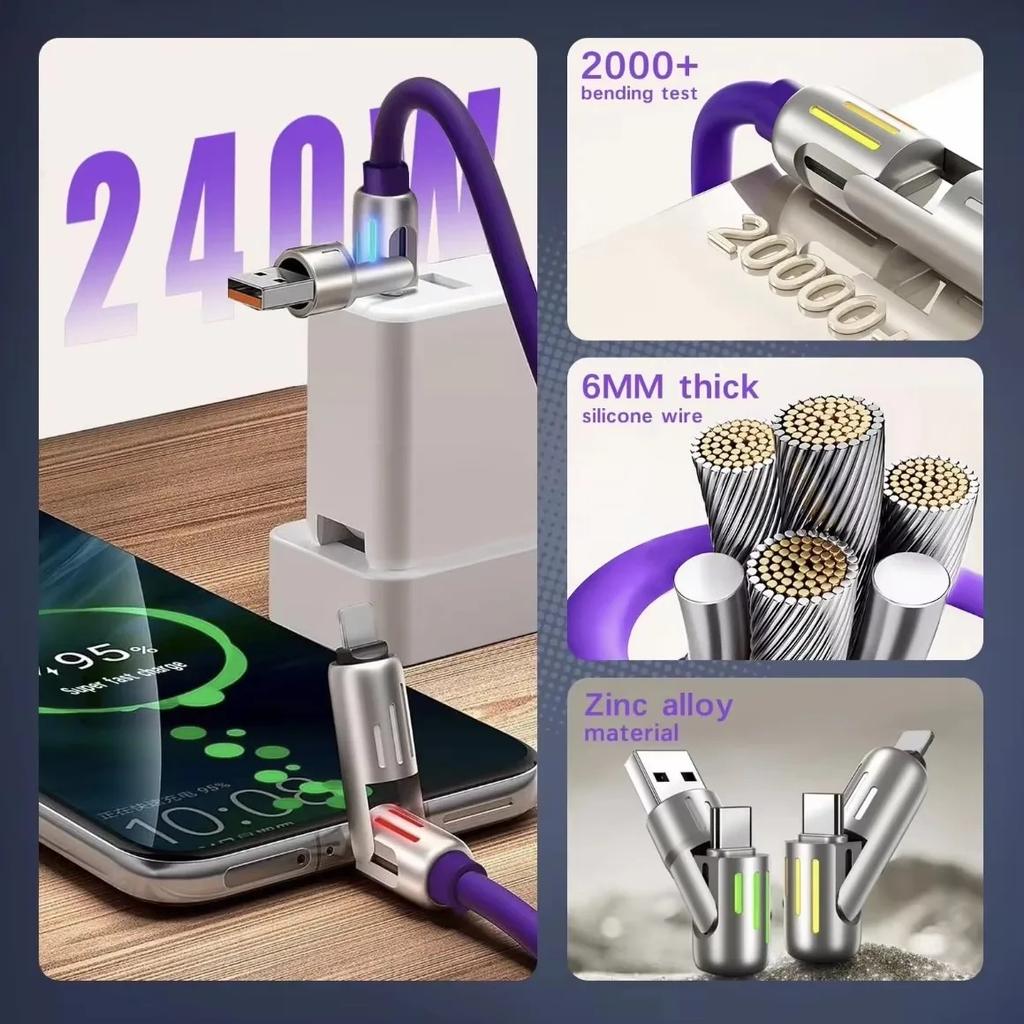 240W Fast Charge Cable 4-in-1 USB Type C Silicone For iPhone Samsung Huawei Xiao Mi Type-C To USB A High Speed