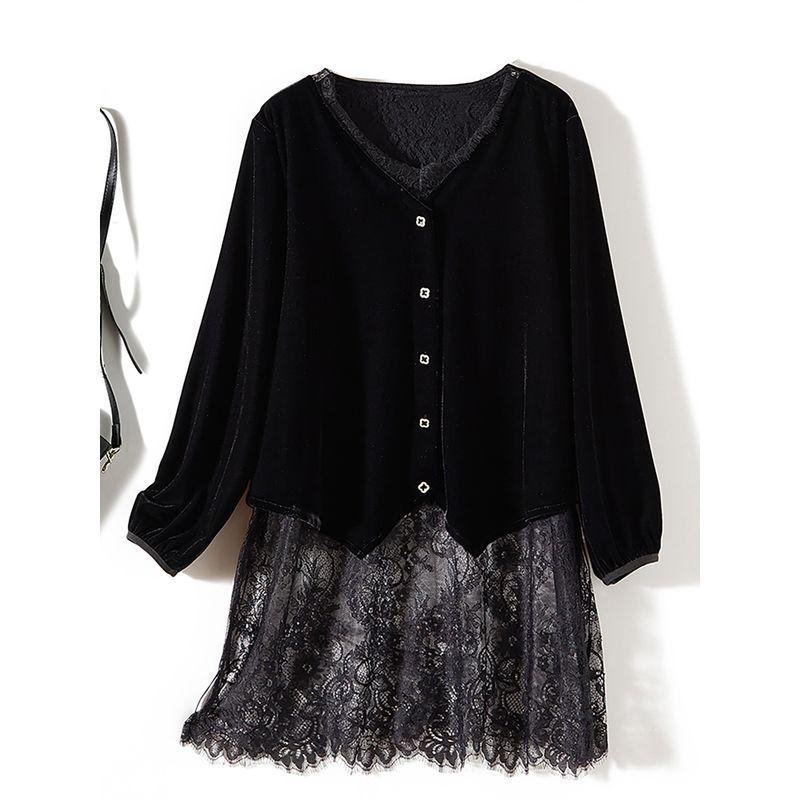 French Style Foreign Trade Order Soft Shirts! Women Eyelash Lace Stitching Fake Two Pieces V-neck Real Velvet Long Coat Autumn and Winter