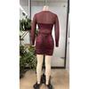 Burgundy Mesh Sheer Panel Mini Dress Long Sleeve Shiny Glitter Ruched Bodycon Sexy Transparent Tulle Patchwork Nightclub Evening Party Short Gown