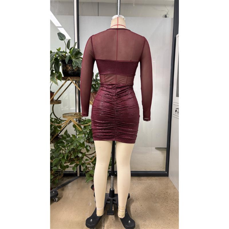 Burgundy Mesh Sheer Panel Mini Dress Long Sleeve Shiny Glitter Ruched Bodycon Sexy Transparent Tulle Patchwork Nightclub Evening Party Short Gown