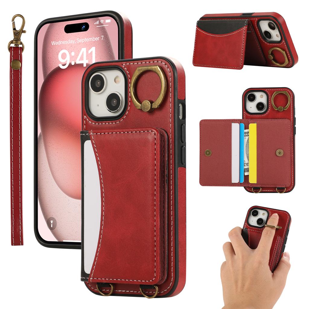 For iPhone 15 PU Leather Back Case Card Holder Kickstand Phone Cover with Wrist Strap