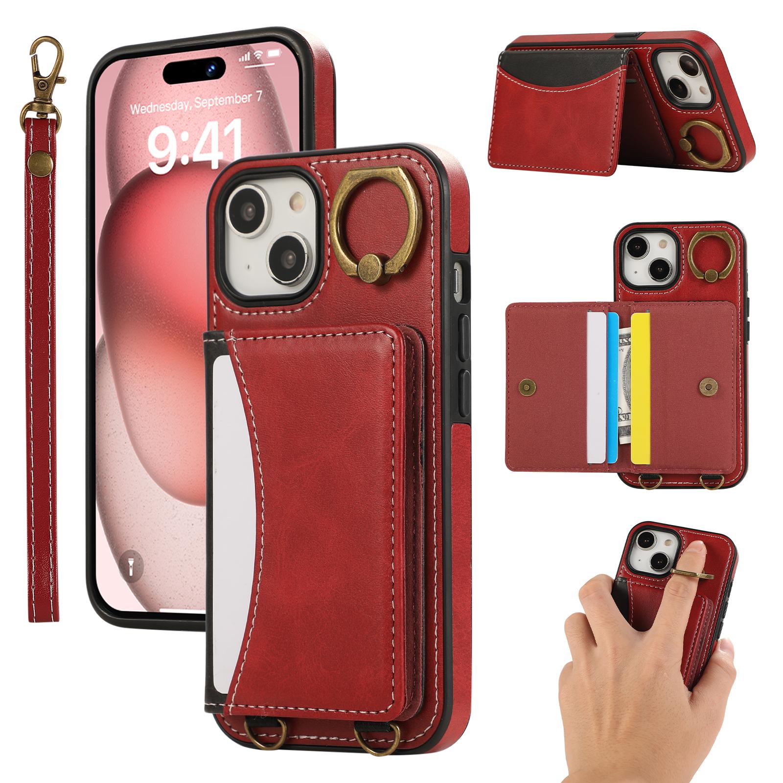 

For iPhone 15 PU Leather Back Case Card Holder Kickstand Phone Cover with Wrist Strap C
