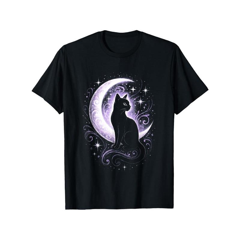 

European sizes Men s & Gothic Pastel Goth T-Shirt - Heavyweight Black Tee with Neon Glow Cat & Moon Design 4XL чорний
